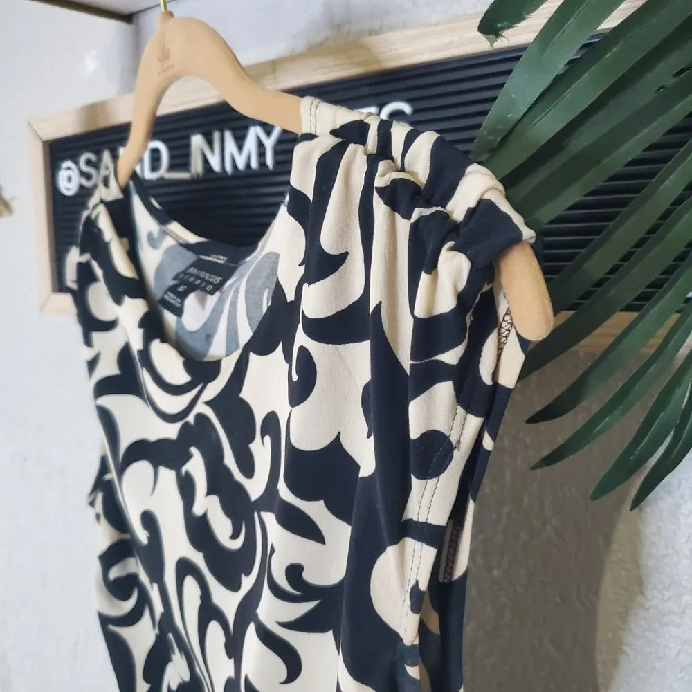 Enfocus Studio I Cream/Black Vine Patterned A-Line Scoop Neck Ruched Dre… - Picture 5 of 14